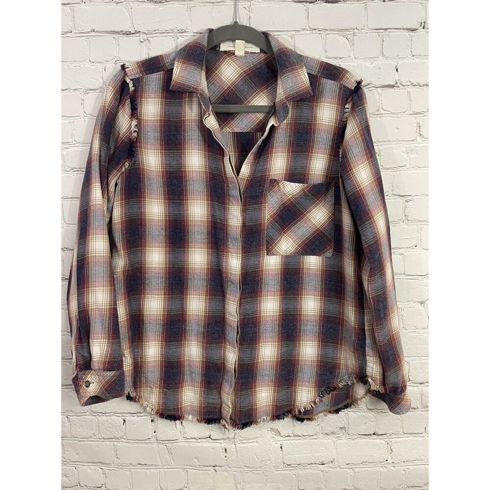 Cloth & Stone Red Blue White L/S Plaid Button Front Fray Raw Hem Blouse Small